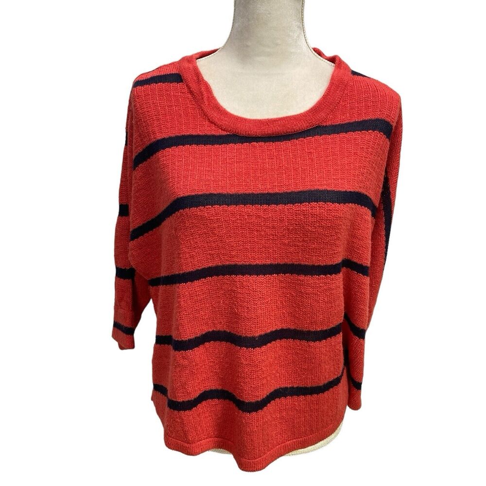Soft Surroundings Orange Rust Blac Striped Sweater 1X Cotton Knit 3/4 Sleeve